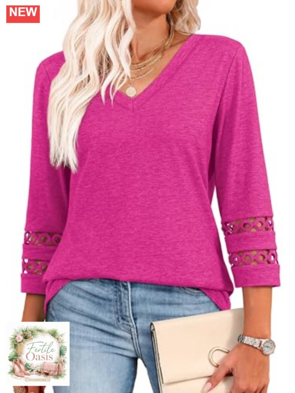Elegant Lace Sleeve V-Neck 3/4 Length Sleeve Women's Blouse